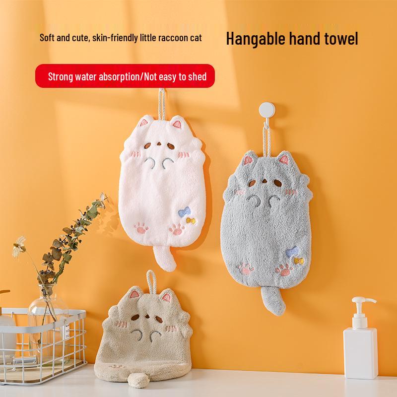 Cute Cartoon Tanuki Wall-mounted Coral Fleece Hand Towel - Thick, Non-Shedding, Absorbent for Kitchen or Bathroom