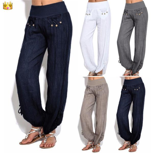Moda mujer botones sólidos algodón y lino casual pantalón suelto pantalones  anchos comprar a buen precio — entrega gratuita, reseñas reales con fotos —  Joom