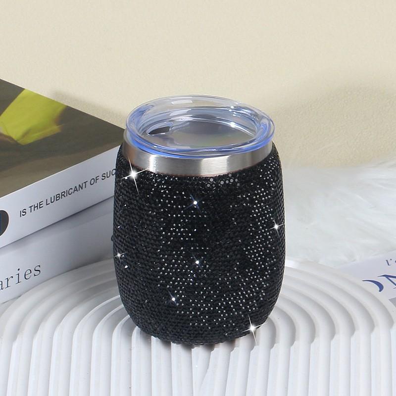 360ml Double Wall Vacuum Insulated Stainless Steel Tumbler With Rhinestone Decor Large Belly Shape Travel Cup Wine Coffee Tea