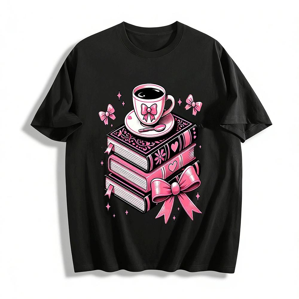 Pink Bow Coffee Cup Stacked Books Graphic T-Shirt Pure cotton T-shirt XXS