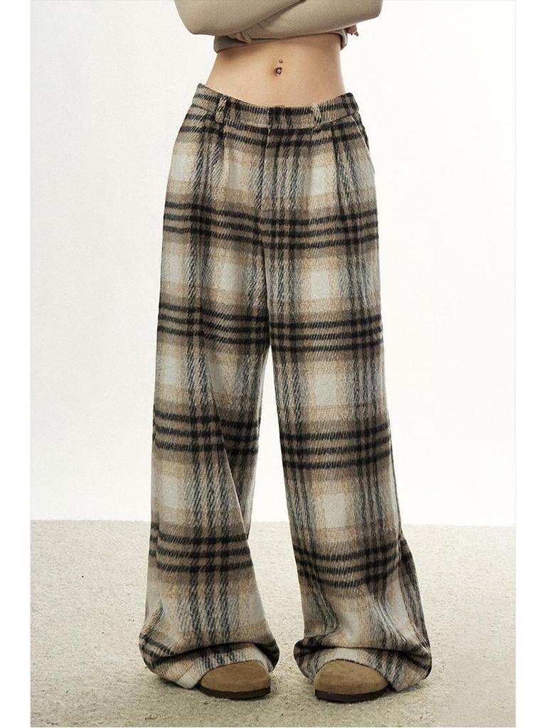 Women's Retro Plaid Wool Wide-Leg Pants - Loose, Versatile Design for Autumn/Winter