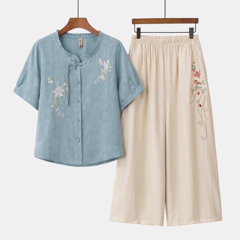

New Chinese Style Embroidered Summer Two-Piece Set for Women 2XL