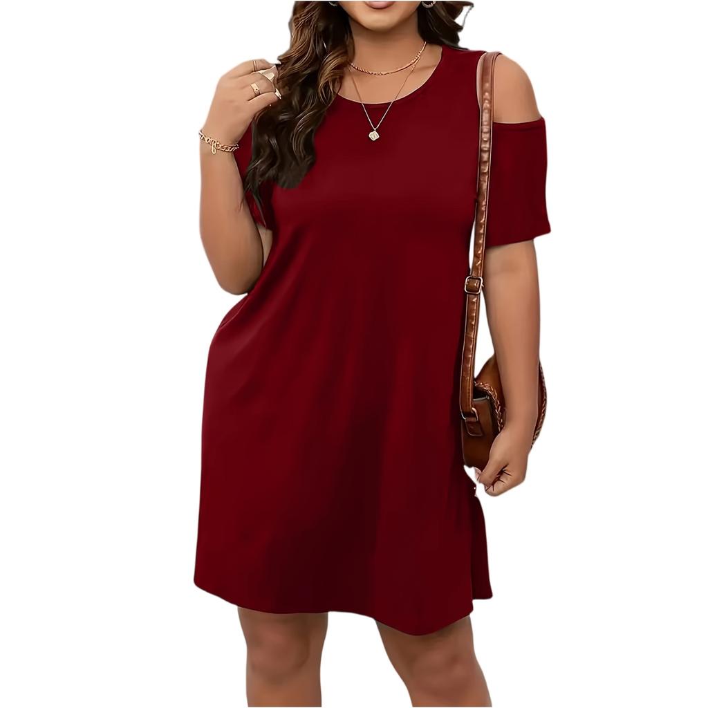Casual, losvallende jurk met ronde hals, korte mouwen en blote schouders voor dames in grote maten