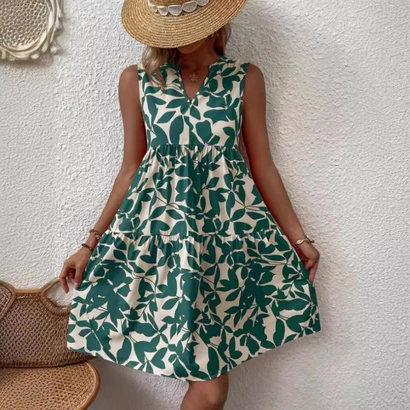 Letní dámské šaty Bohémská móda Volné V-výstřih S plisováním Tištěné šaty