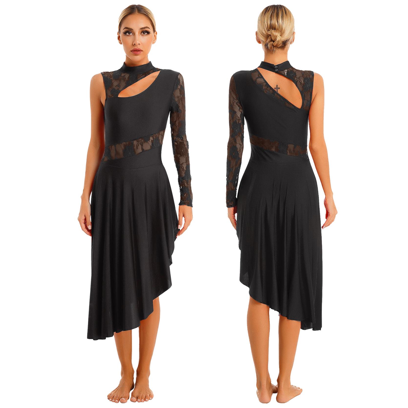 

Женское асимметричное платье-туника для танцев, лирическая танцевальная одежда, кружевное платье с вырезами, платье для танцевальной вечеринки M чёрный