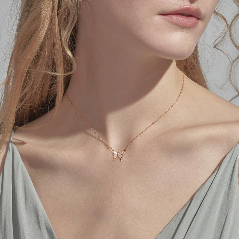 S925 Gold-Plated Sterling Silver Butterfly Necklace with Sparkling Diamonds Platinum