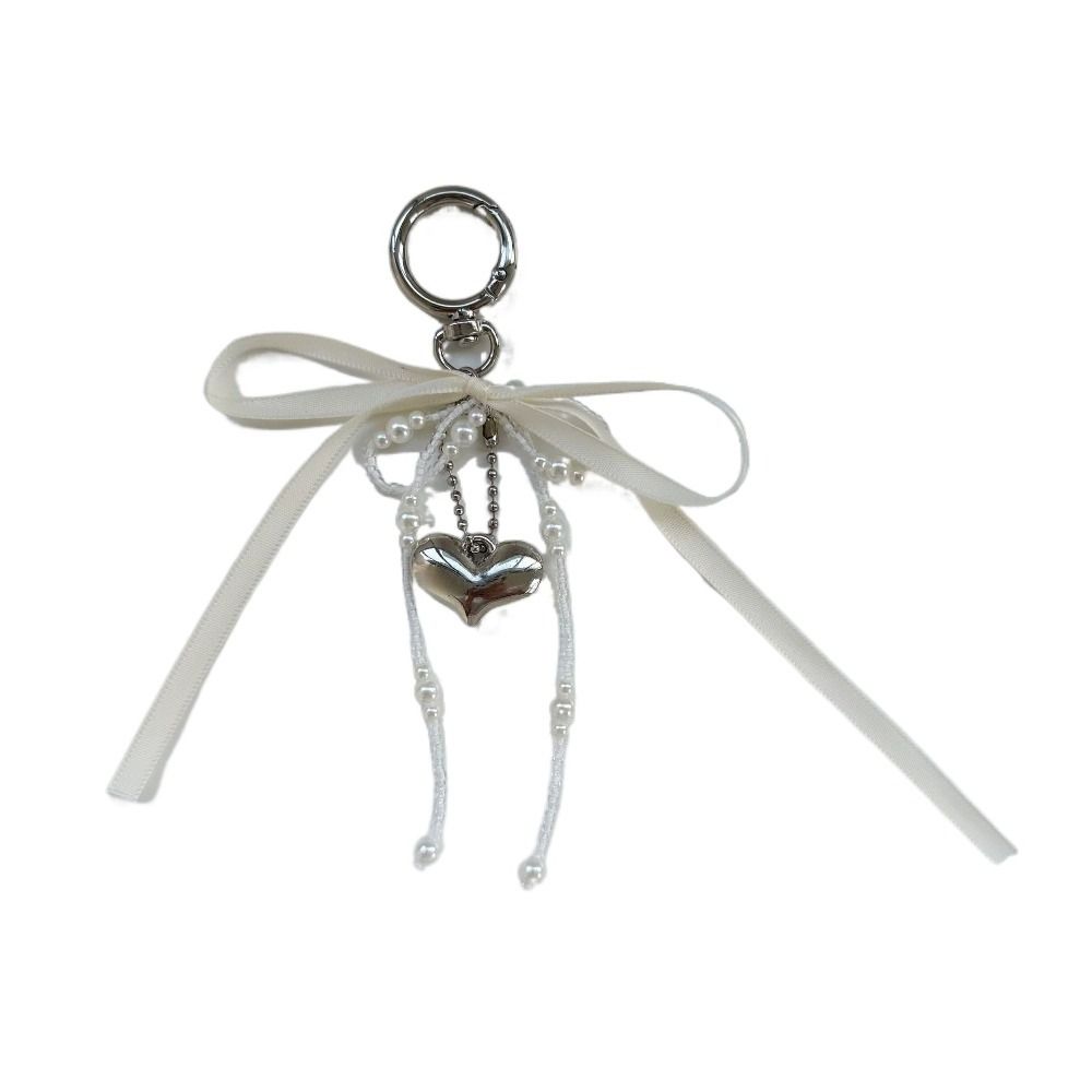 

Heart Ribbon Beaded Keychain Zinc Zinc Alloy Y2k Bag Pendant Ins Fashion Pearl Bow Key Ring School