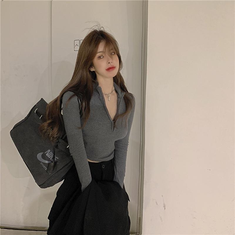 Chic V-Neck Half-Zip High-Waisted Women's Autumn/Winter Top