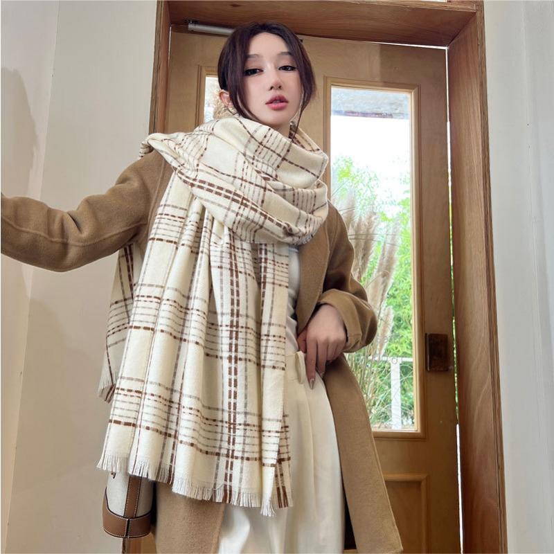 Autumn and winter new wool fine plaid scarf women's high-end sense versatile tassel shawl versatile thickened warm scarf