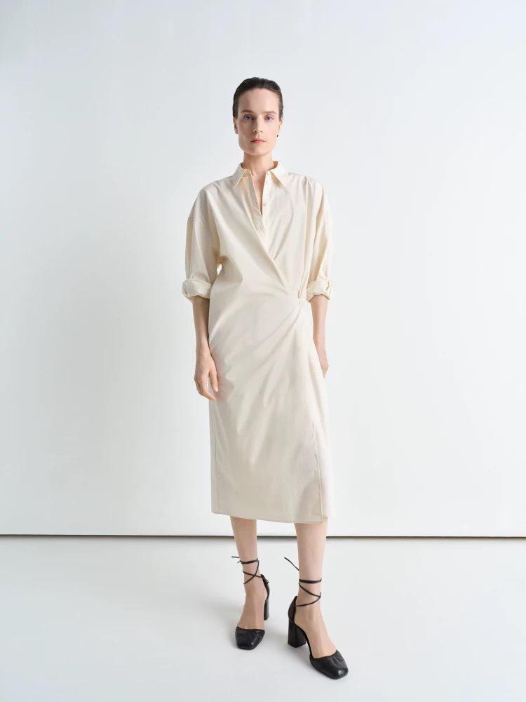 Aktuelles Lemire Frühjahrsankunft Lockerer Revers Diagonale Knöpfe Langarm Hemdblusenkleid für Damen