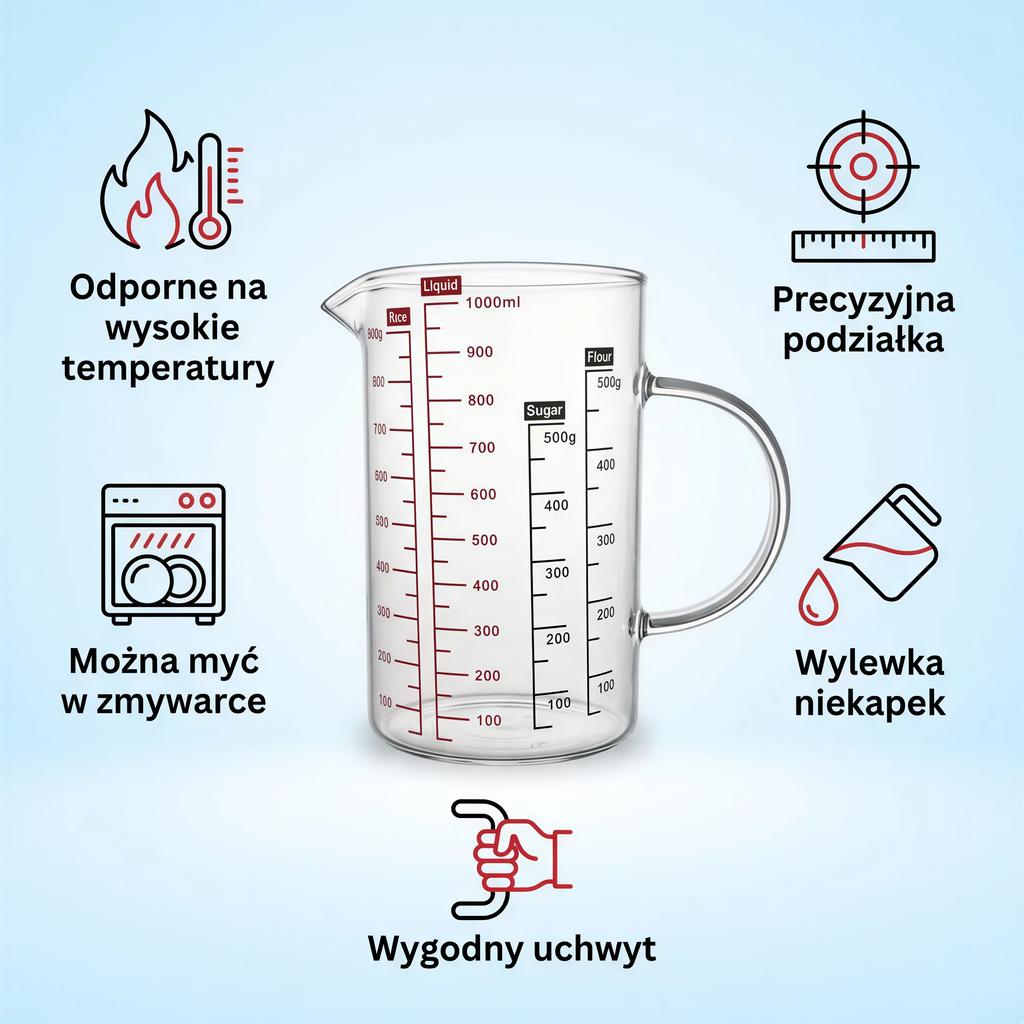 KITCHEN MEASURING JUG 1000ml HEAT-RESISTANT WITH GLASS MEASUREMENT GRADUATION