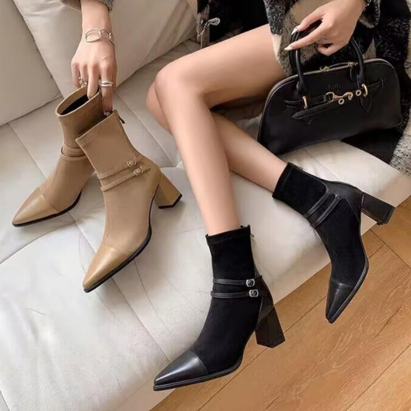Women Chelsea High Heels Ankle Boots Sexy Pointed Toe Shoes Winter Trend 2025 Elegant Office Shoes Walking Chunky Botas Mujer