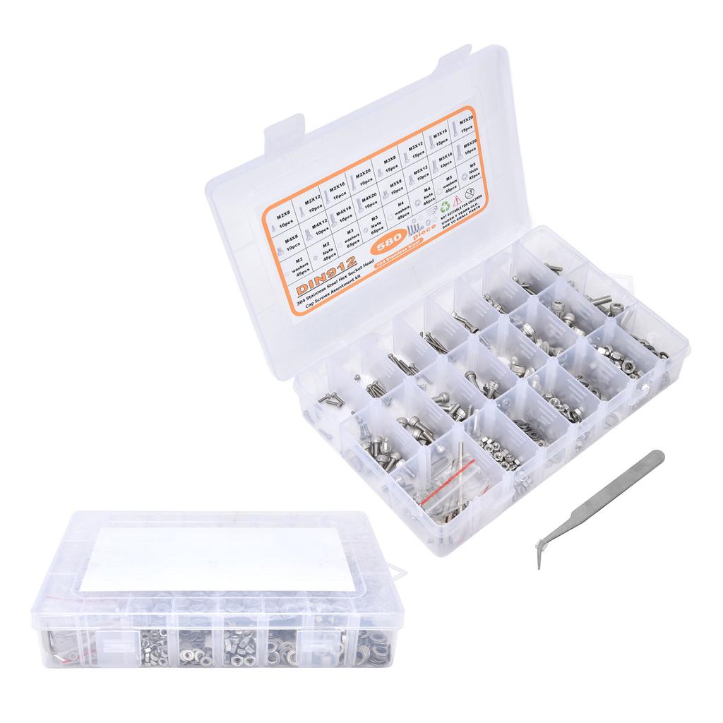 580Pcs Screws Nuts Washers Kit 304 Stainless Steel Cylindrical Head Hex Socket Screws for Home