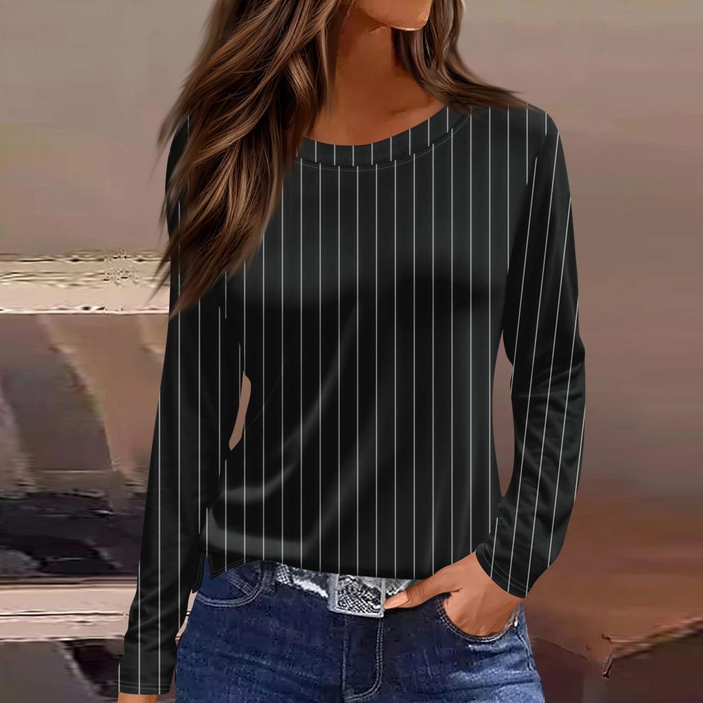 Women's Fashion Casual Slit Hem Round Neck Long Sleeve Loose  Printed T-Shirt Ladies Top