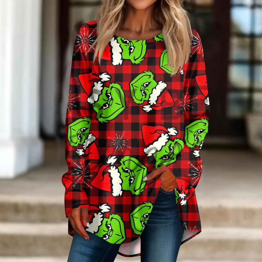 Damen Weihnachtsdruck Langarmshirt Rundhals Pullover T-Shirt Top Pullover