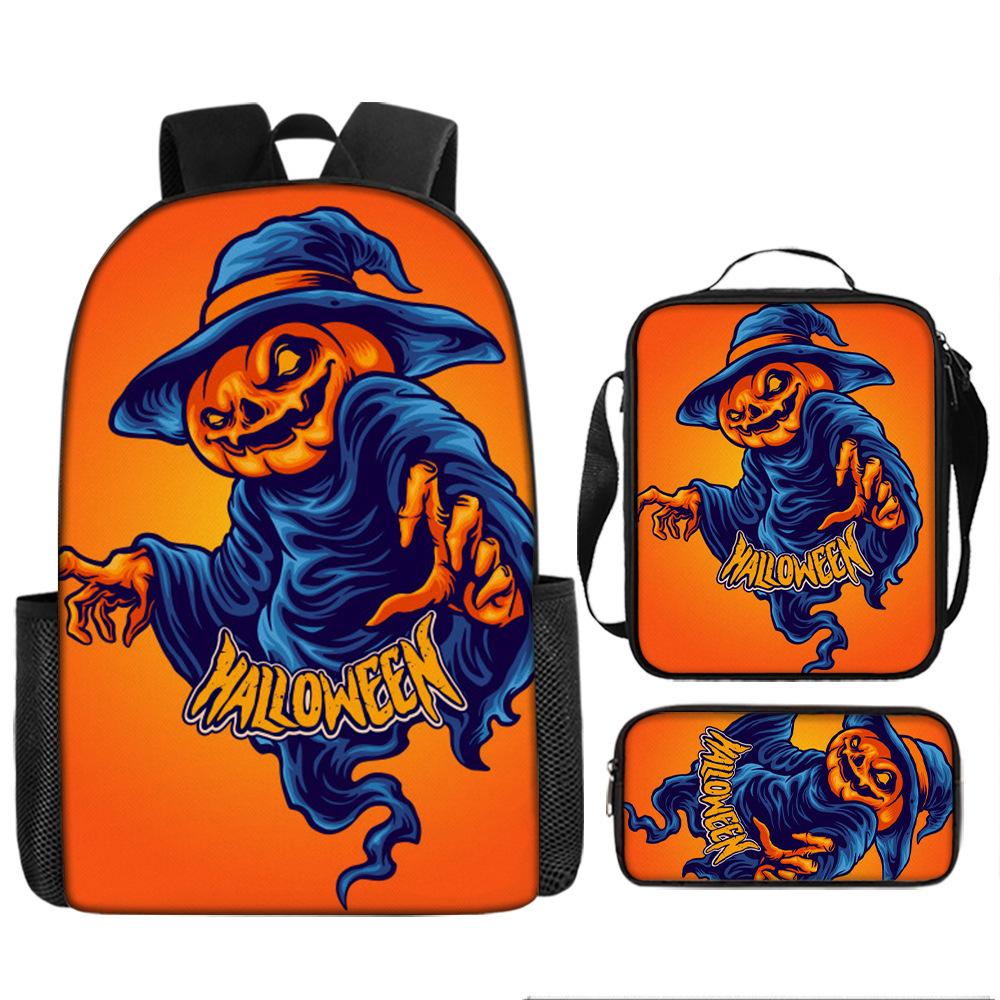 Halloween Backpack Pumpkin Ghost 3-Piece Set Schoolbag Kids Shoulder Bag Cute Bookbag for Boys Girls