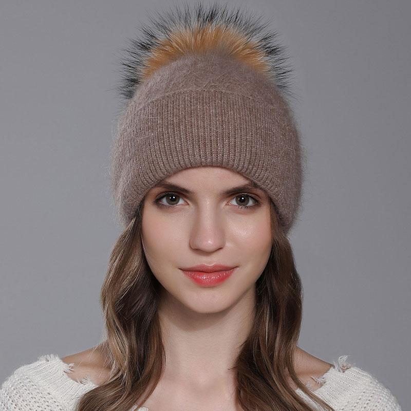 New Natural Raccoon Fur Pompom Knit Hat For Women Warm Angora Rabbit Bonnet Women's Winter Fleece Hats Casual Female Caps