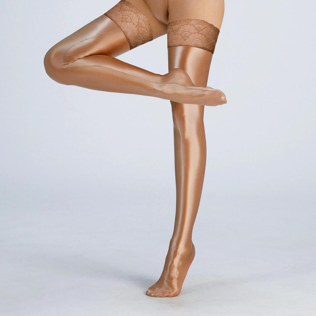 Calze Alte Sexy da Donna in Pizzo Raso Liscio Lucide all'Olio Collant Sexy Lucidi Vintage Calze da Yoga Modellanti Elastiche Calze da Cameriera Sopra il Ginocchio