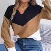 Women's Casual Sweater Lapel Contrast Color Long Sleeve Knitted Pullover Top
