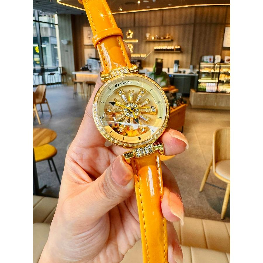 Fashionable Women's Watch With Transparent Back, Diamond Inlaid, Rotating Galaxy Dial, Sunflower Design Waterproof Quartz Watch