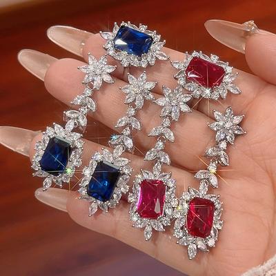 Set Jewelry Earrings Ring Jewelry Women'S Color Treasure Square Ruby And Sapphire Luxury