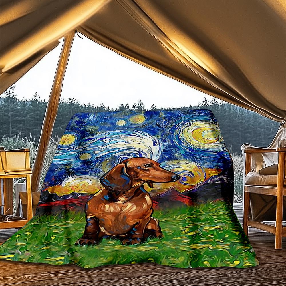 1pc Starry Night Dog Print Outdoor Soft Polyester Flannel Throw Blanket Versatile for All Seasons , Soft , Cozy , Warm All Season Quilted Throw ,
