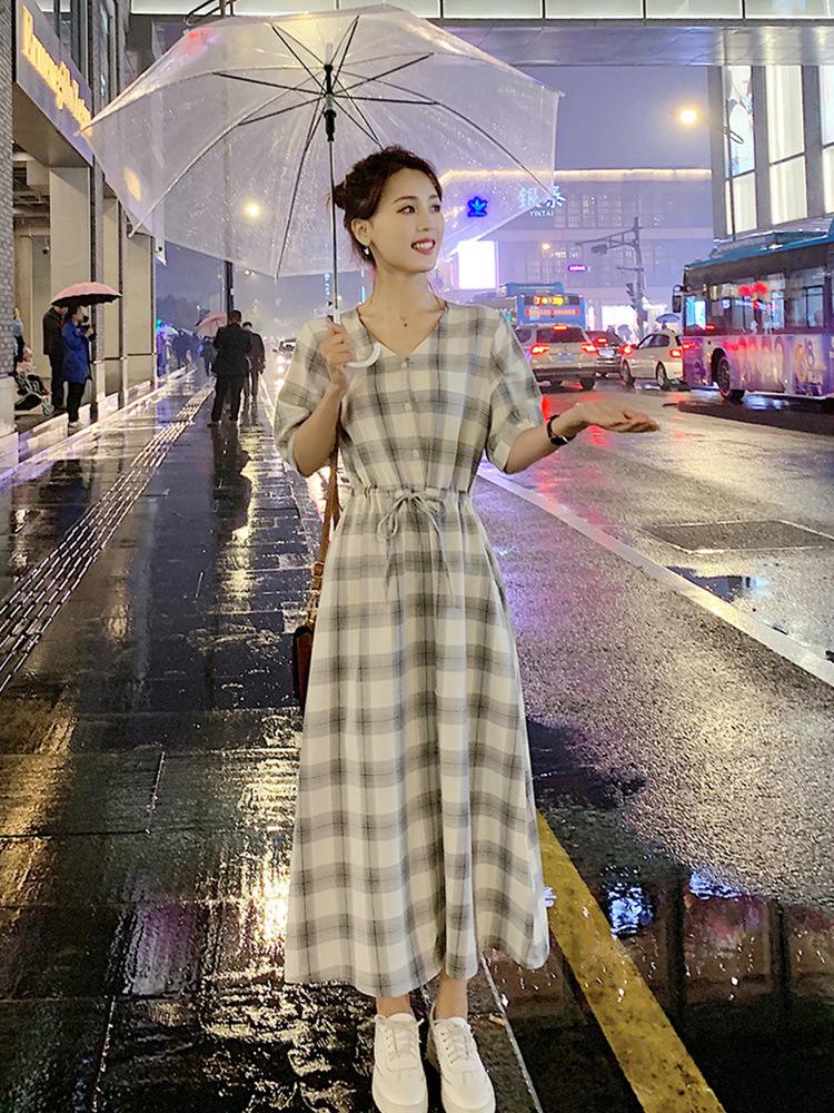 Plaid Shirt Dress Women's New Summer Long Fairy Super Fairy Mori French Long Dress Waist Skirt