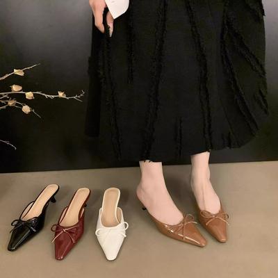 New Summer Bow Medium Stiletto Muller Shoes Bag Head Half Slippers Women's Large Size High Heel Single Shoes Cool Slippers