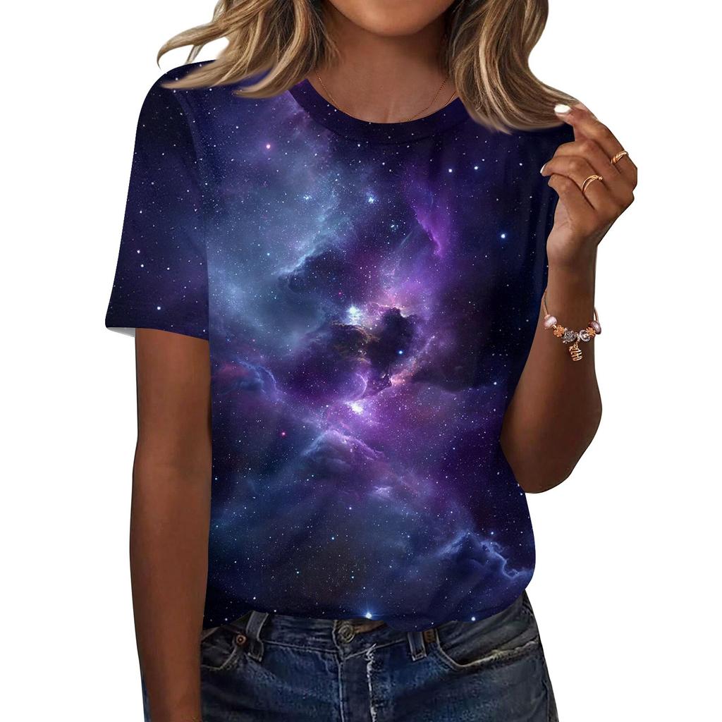 Women's Fashionable Casual Short Sleeve Print Round Neck Pullover Top