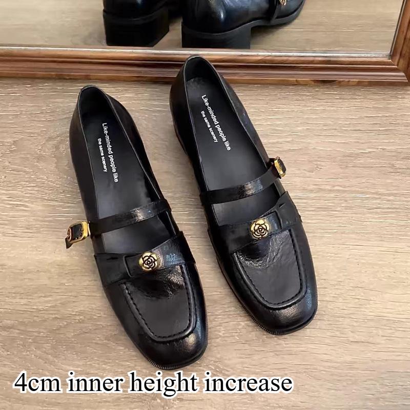 Vintage French Single Shoes for Women, Thick Heels, Single Strap Mary Jane Shoes, Commuter Camellia Leather Shoes.