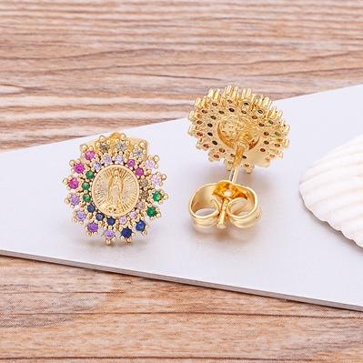 

Nidin Charm Lovely Cute Round Virgin Mary Stud Earrings Copper Gold Color Clear Cubic Zirconia Women Wedding Party Jewelry