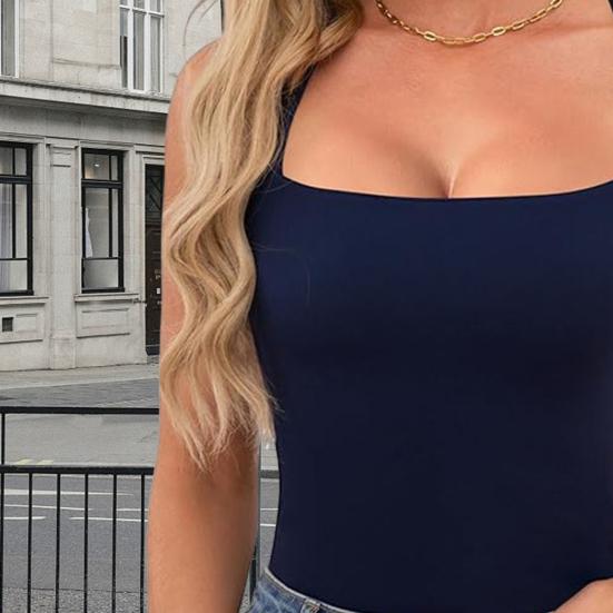 Women Summer Vest Square Collar Wide Shoulder Strap Sleeveless Tank Tops Solid Color Slim Fit Ribbed Camisole