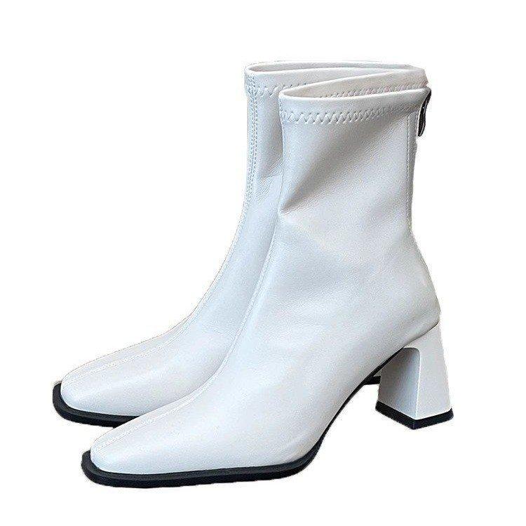 Dünne Stiefel mit hohen Absätzen Fee Fee 2025 neu weiches Leder dickabsatz Zigarettenstiefel modisch vielseitig Chelsea Kurzstiefel