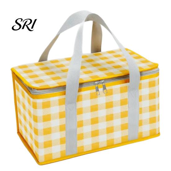 Plaid Picnic Basket Insulated Bag, Foldable Thermal Lunch for Outdoor, Heavy Waterproof Bag Duty Aluminum Foil Cooler Food, Camping Accessory