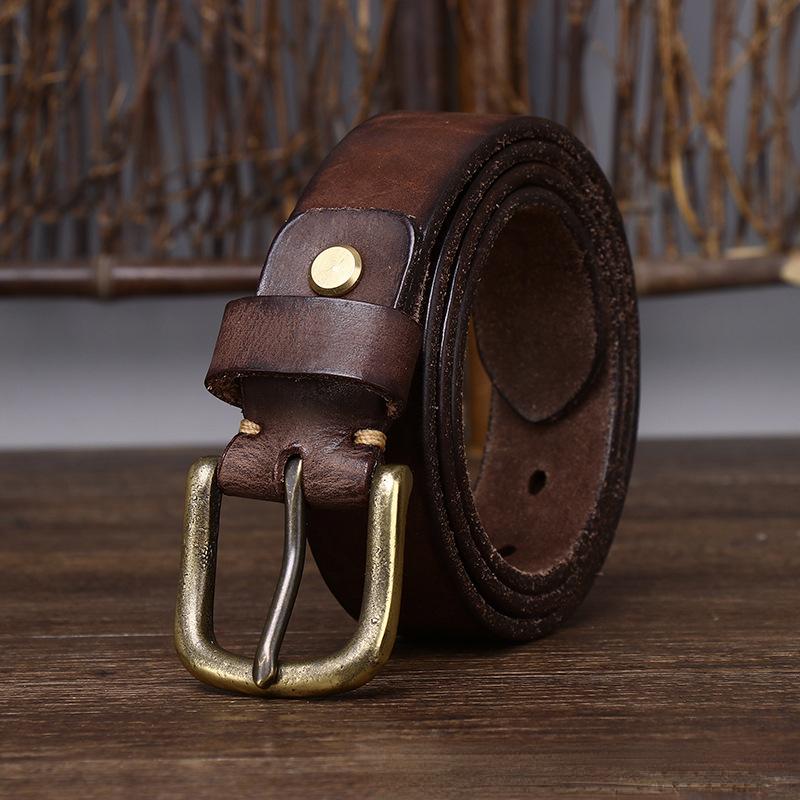 Bälte Herr Retro Distressed Tjockt Äkta Nötskinn Läder Spänne Trendigt Allmatchande Jeansbälte