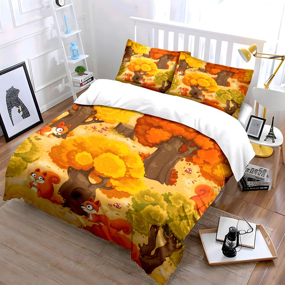 Autumn forest with squirrels. Print Bedding Set 1 Duvet Cover 2 Pillowcases for Adult and Children Luxury Gift Full Size