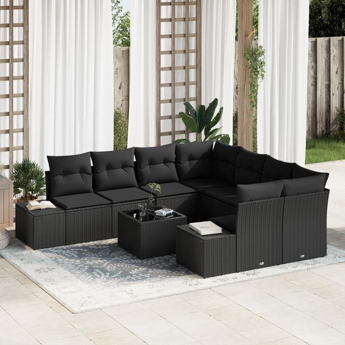 VidaXL Ensemble de canapés de jardin 9 pièces avec coussins Noir Rotin synthétique 3355672