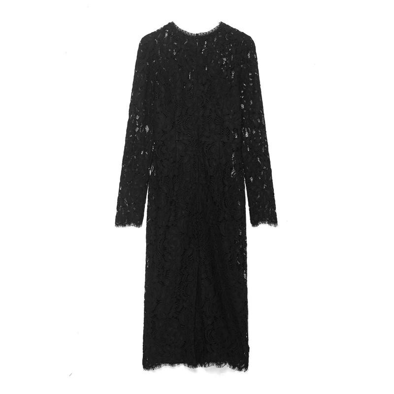 Womens 2026 Lace Mesh Midi Dress High Waist A-Line Slim Fit Long Sleeve Casual Street Style