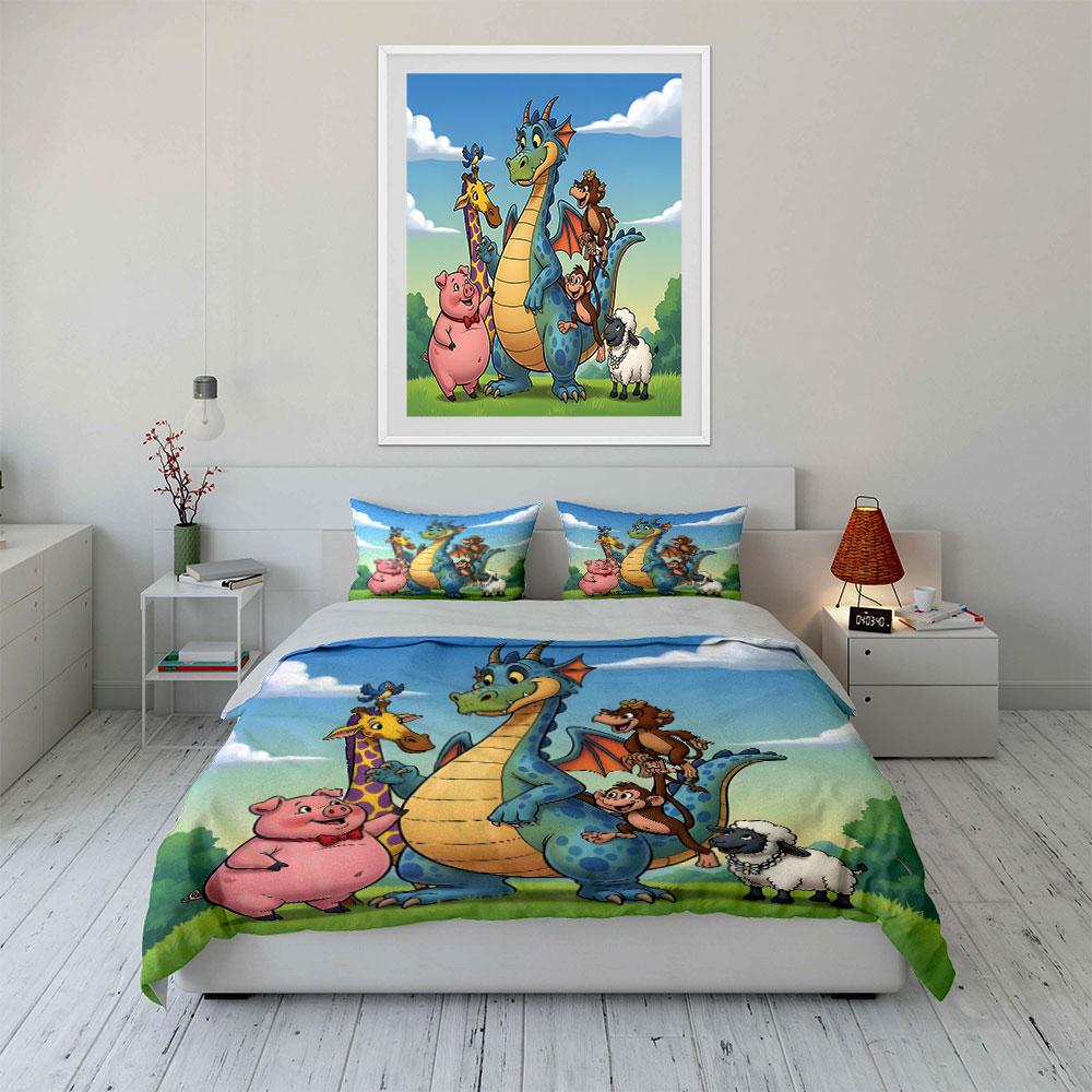 Dragon and Farm Animal Friends Bedding Duvet Cover Set (1*Duvet Cover 2*Pillowcases, without duvet insert)