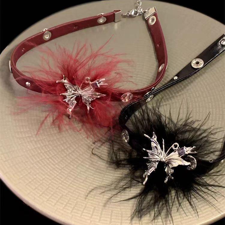 Black leather butterfly feather necklace female sweet cool babes pure desire wind niche design autumn and winter sweater chain collarbone chain