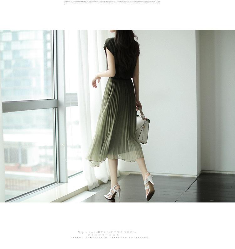 New French coffee break long dress temperament Muse Fan high sense green chiffon pleated dress women's summer