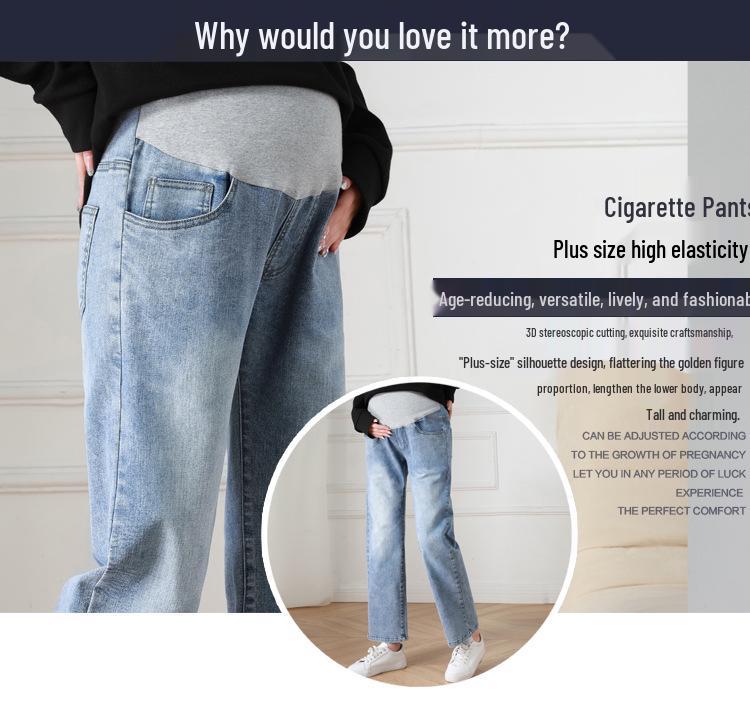 High Waist Elastic Maternity Jeans: Slimming, Straight Leg, Plus Size Denim for Spring.
