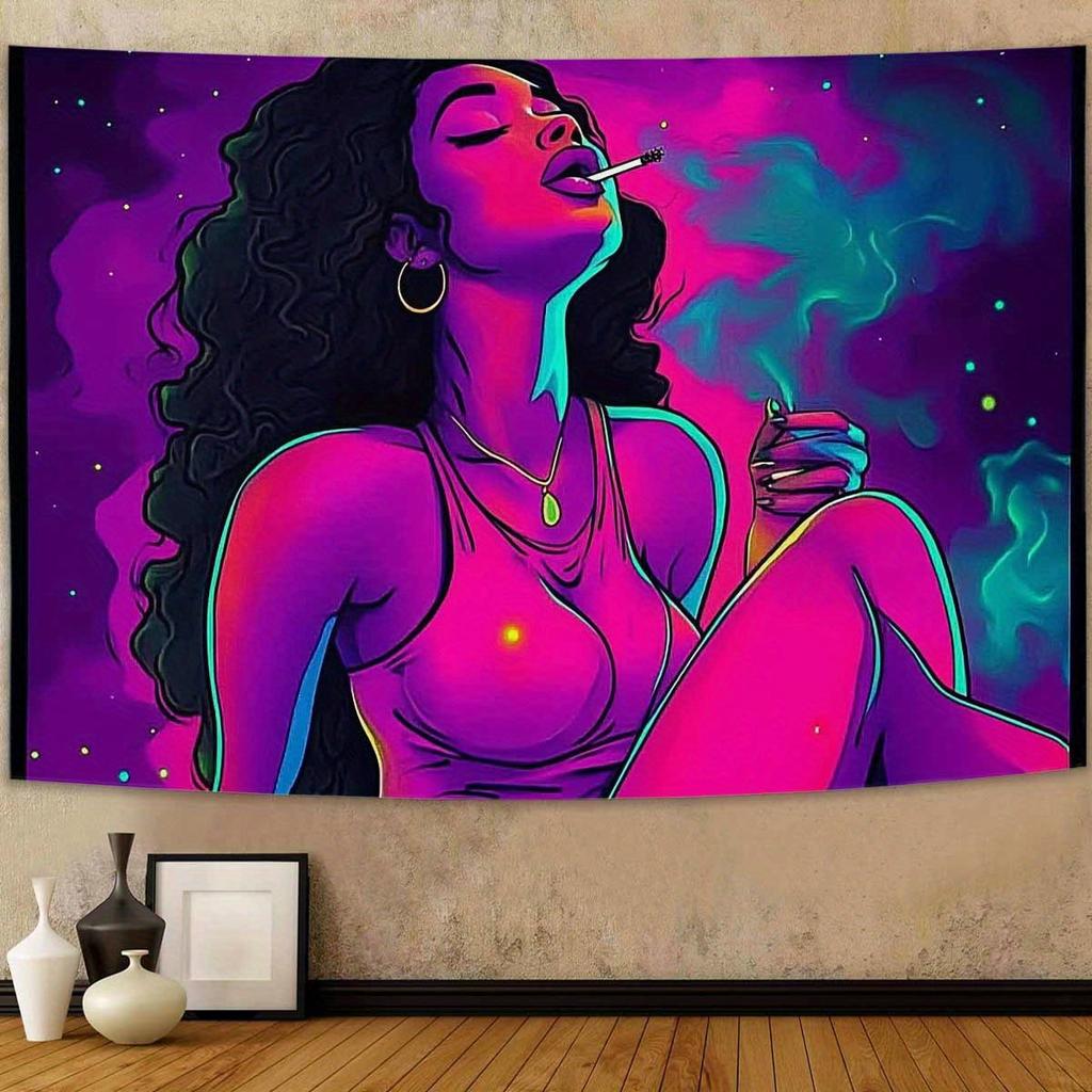 Psychedelic Starry Night Girl Tapestry Purple-Pink Gradient Starry Sky Smoking Girl Living Room Sofa Music Space Decor