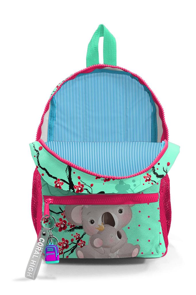 Mini-Yuva-Rucksack, Wassergrün, Neonkoralle, Koala-Muster, zwei Fächer, 23513