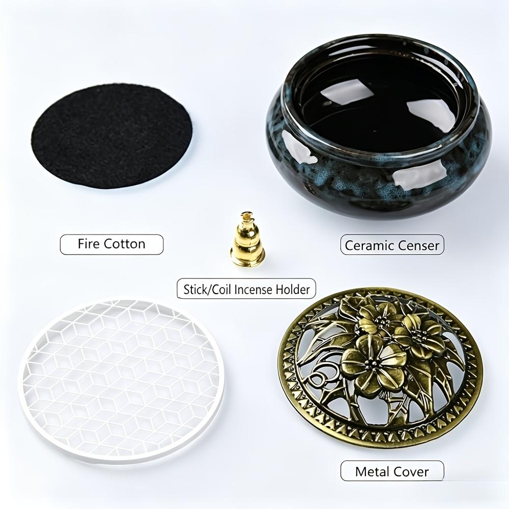 Large Kiln-fired Ceramic Incense Holder Set with Vintage Brass Cover, Includes Fireproof Mat, Coiled Incense Tray and Mesh Cover