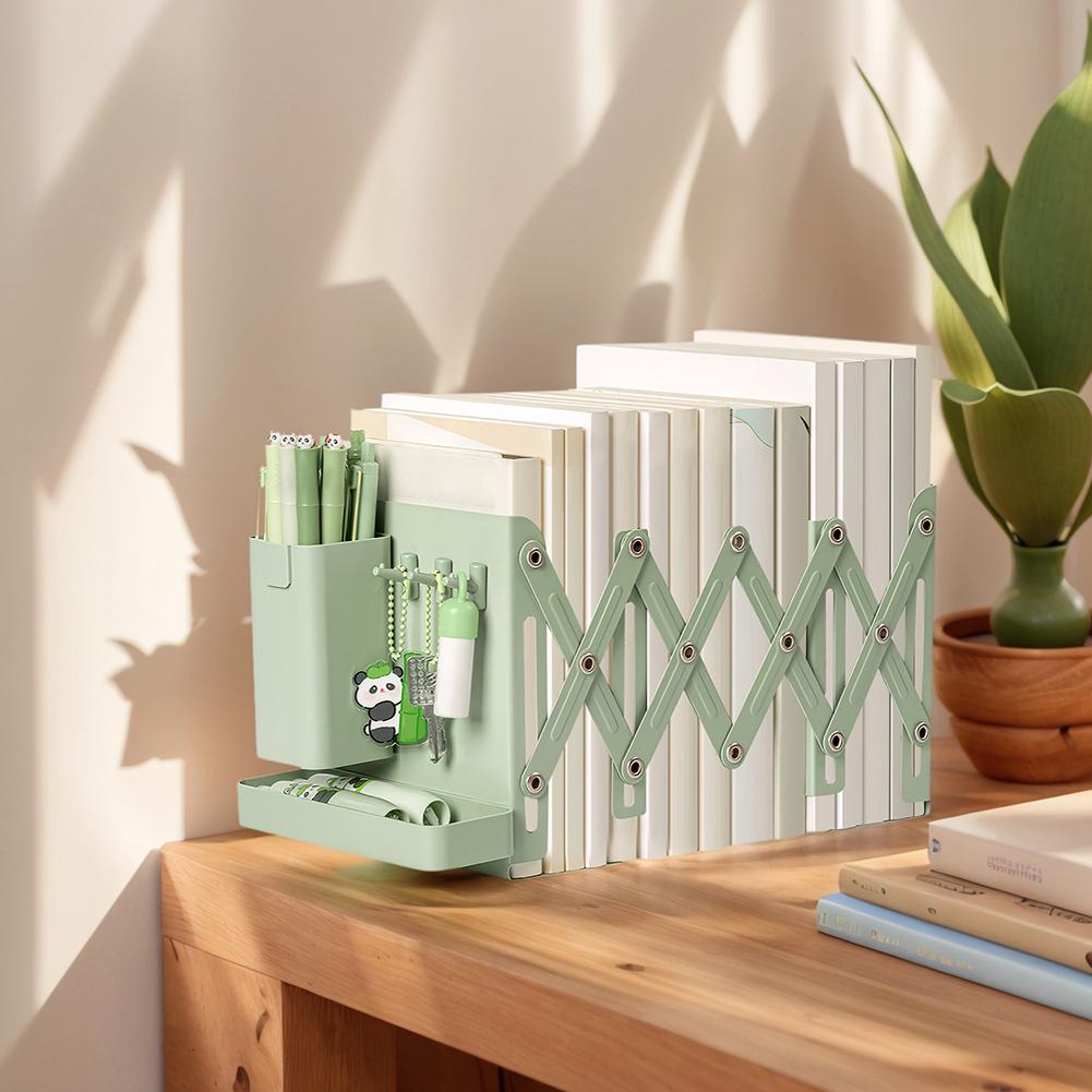 Retractable Desktop Bookstand with Basket & Hook Folding Table Bookshelf Wear Resist Modern Metal Book Holder Office Accessories