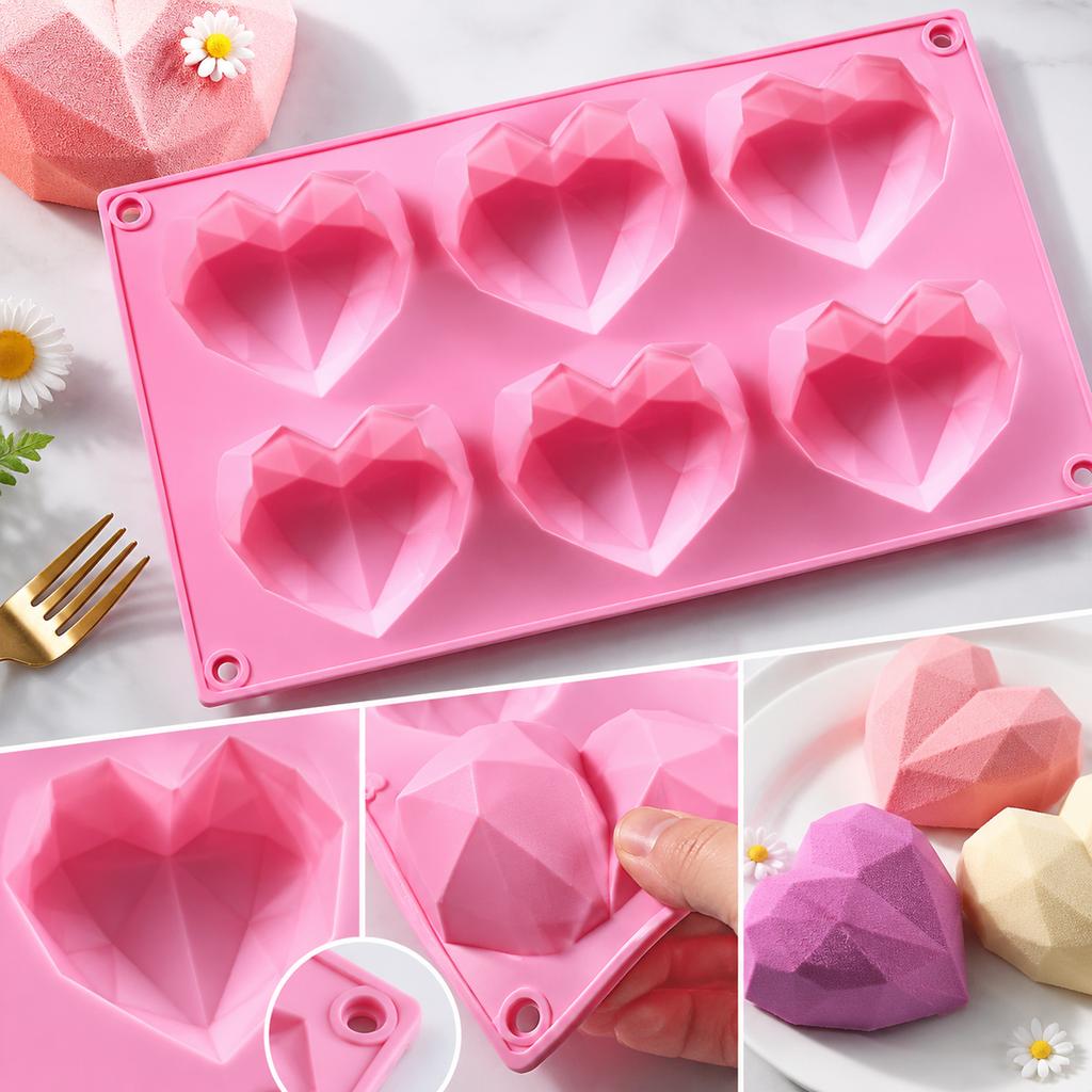 Silicone Mold, Pink 6-Cavity Diamond Heart Shape for Mousse Cake, Mirror Glaze Desserts, DIY Baking and Pastry Decorating