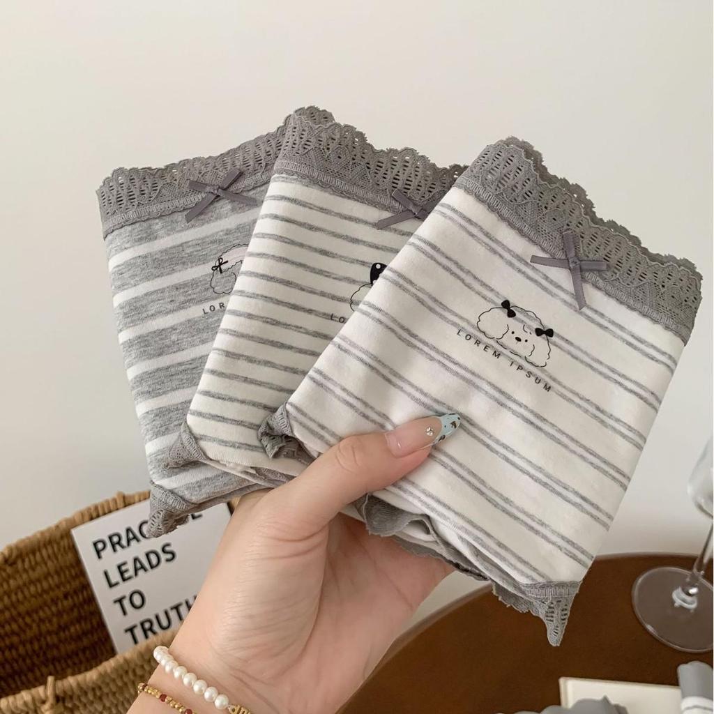 A053 Women's Soft Gray & White Striped Triangle Briefs - Skin-Friendly, Hip-Wrapping, Pure Cotton, Antibacterial Style for Teens, 2025 Collection.