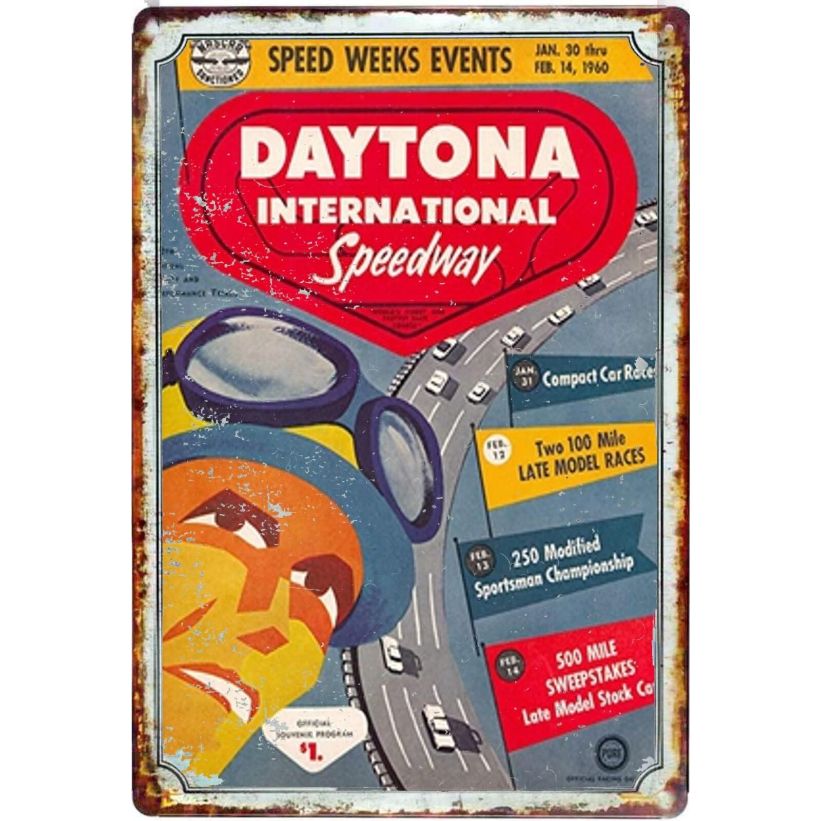 

for DAYTONA 500 Speedweek Vintage Metal Tin Sign Retro Racing Wall Art with 19591960 Race Car Design Speedweek Sponsor Log 20x30cm（7.8x11.8inch）