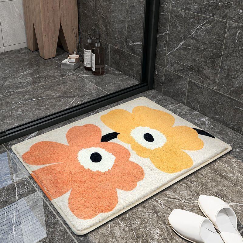 Mat Floor Plush With Cartoon Flower Print Design For Bedroom And Bathroom Use